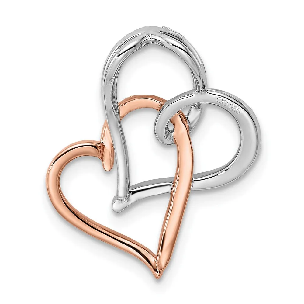 14k Two-tone White and Rose Double Heart Diamond Chain Slide