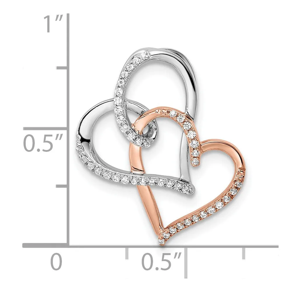 14k Two-tone White and Rose Double Heart Diamond Chain Slide