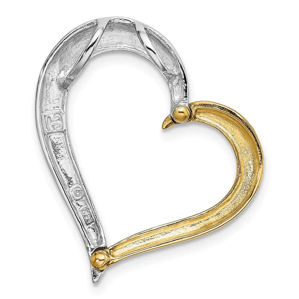 14k w/ Rhodium Textured & Polished Heart Chain Slide Charm