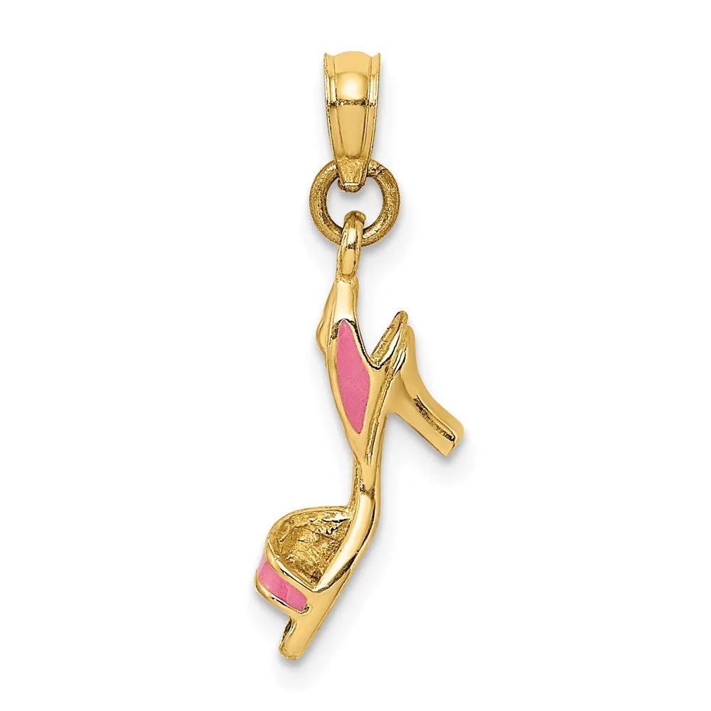 14k Yellow Gold 3-D Pink Enamel Open Toe High Heel Charm