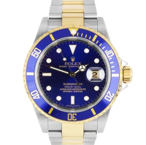 2007 UNPOLISHED Rolex Submariner Two-Tone Gold SS NO HOLES Blue 40mm Watch 16613