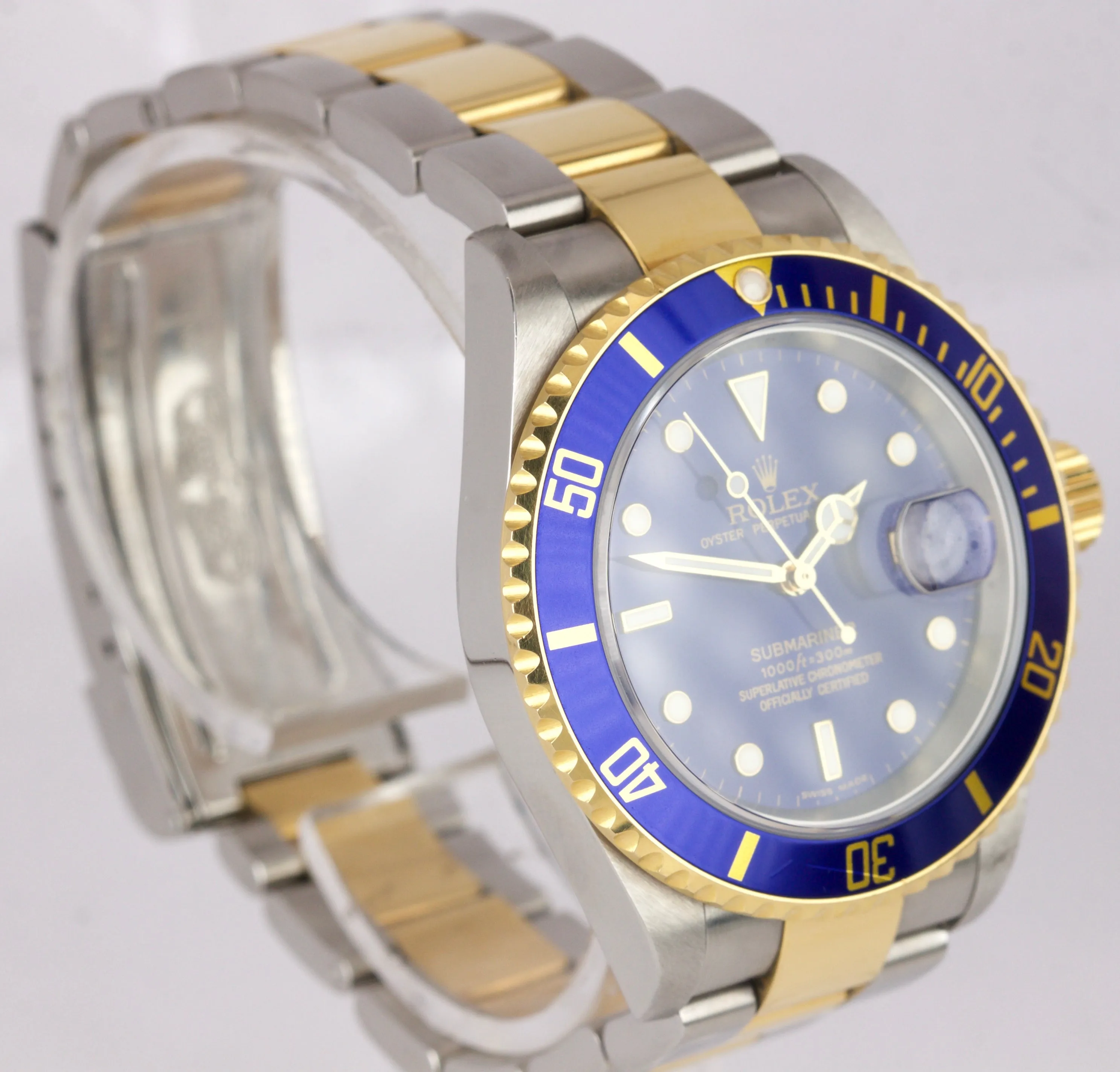 2007 UNPOLISHED Rolex Submariner Two-Tone Gold SS NO HOLES Blue 40mm Watch 16613
