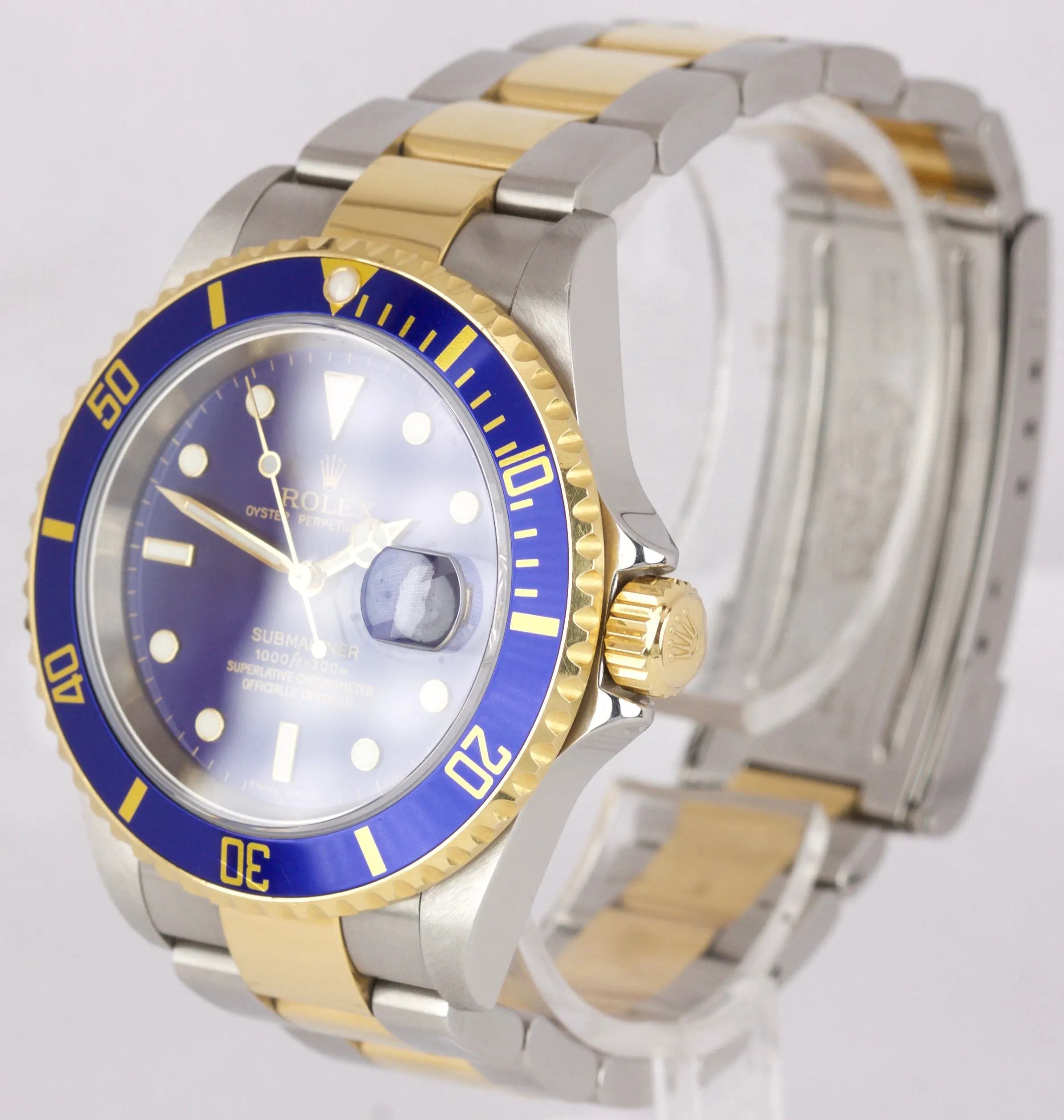 2007 UNPOLISHED Rolex Submariner Two-Tone Gold SS NO HOLES Blue 40mm Watch 16613