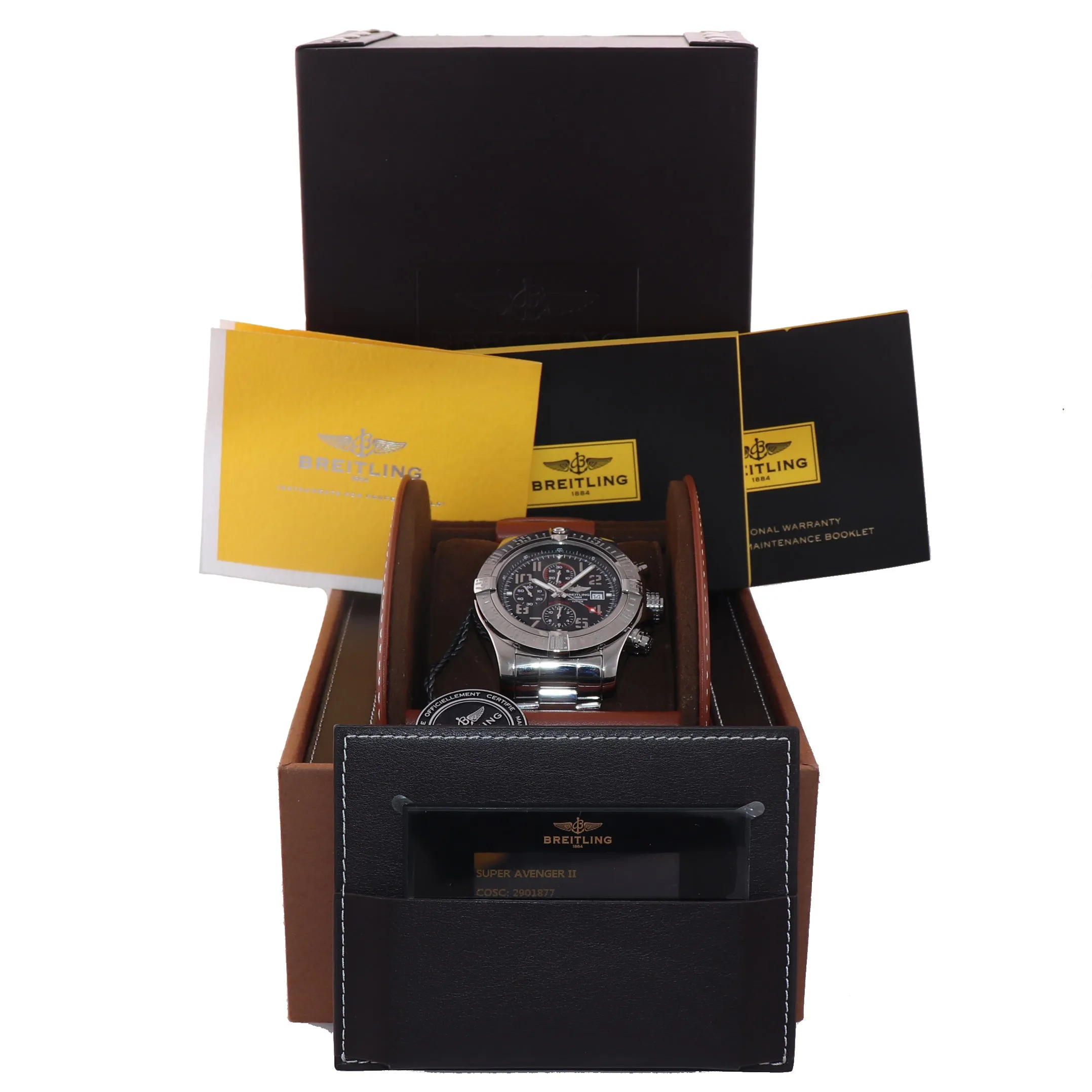 2018 PAPERS Breitling Super Avenger II Chronograph Black Steel A13371 48mm Watch