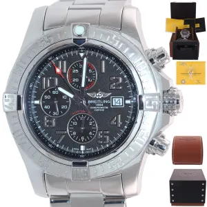 2018 PAPERS Breitling Super Avenger II Chronograph Black Steel A13371 48mm Watch