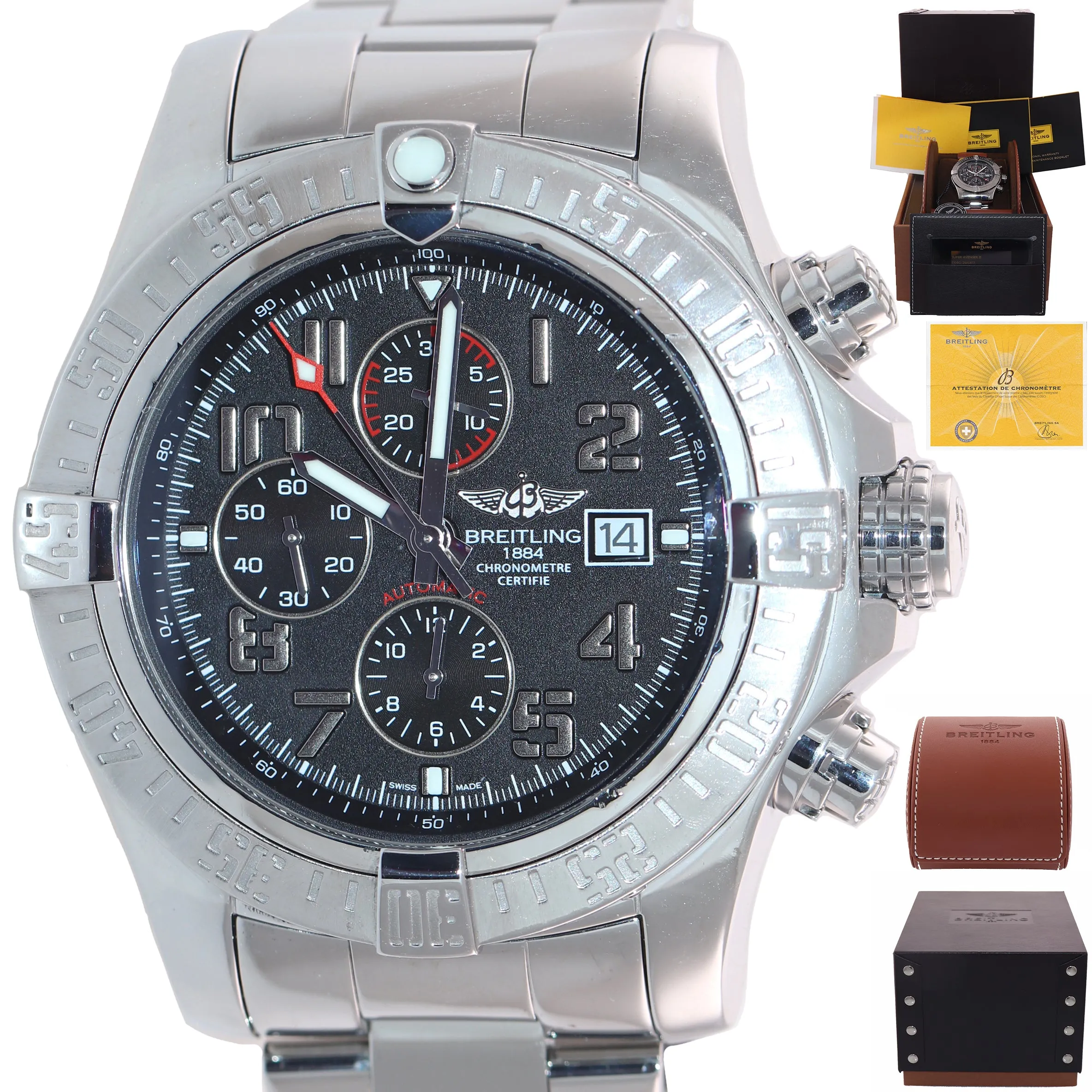 2018 PAPERS Breitling Super Avenger II Chronograph Black Steel A13371 48mm Watch
