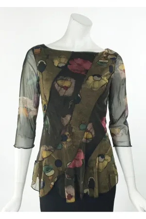 ALMA Diagonal Paneled Top with Scalloped Hem and 3/4 Sleeves