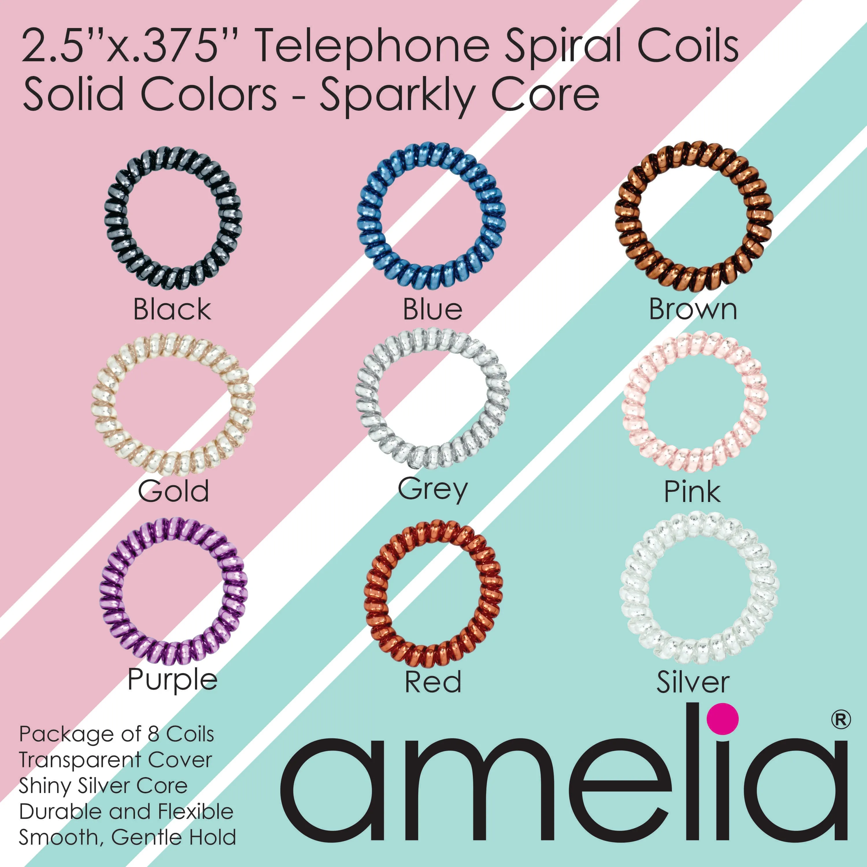 Amelia Beauty Products 8 Large Smooth Shiny Center Elastic Hair Coils, 2. 5in Diameter Thick Spiral Hair Ties, Gentle on Hair, Strong Hold and Minimizes Dents and Creases, Black, Gold and Silver Mix