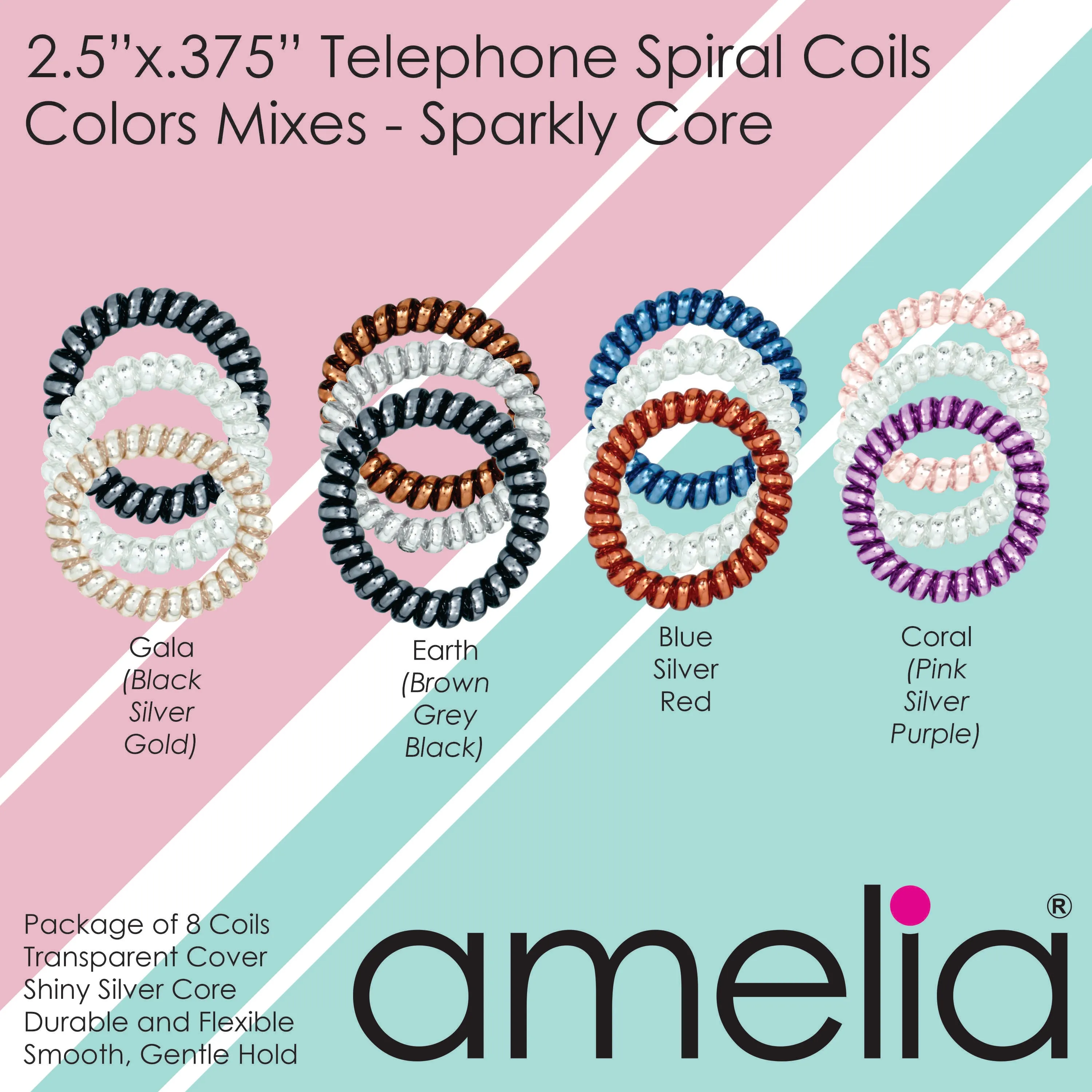 Amelia Beauty Products 8 Large Smooth Shiny Center Elastic Hair Coils, 2. 5in Diameter Thick Spiral Hair Ties, Gentle on Hair, Strong Hold and Minimizes Dents and Creases, Black, Gold and Silver Mix