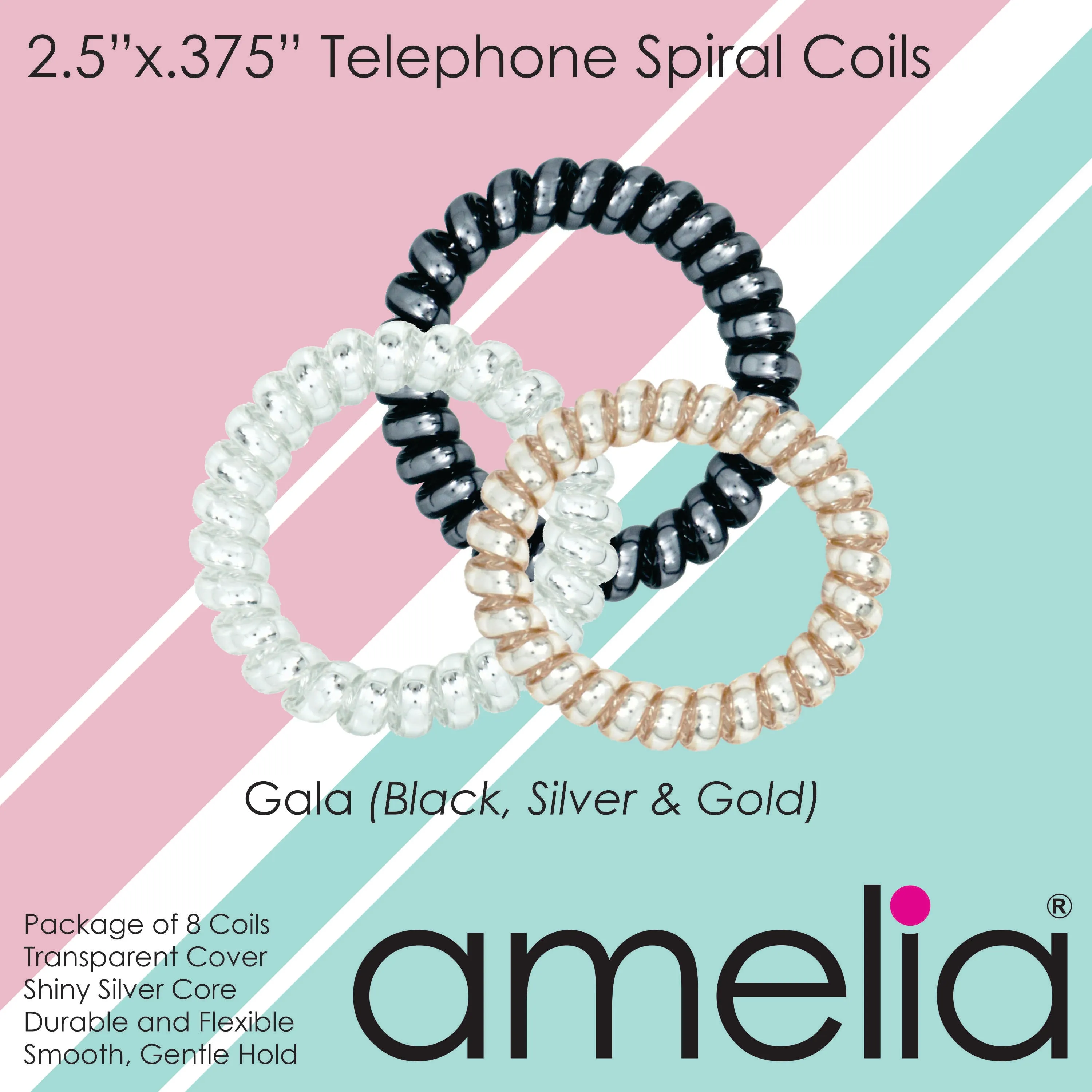 Amelia Beauty Products 8 Large Smooth Shiny Center Elastic Hair Coils, 2. 5in Diameter Thick Spiral Hair Ties, Gentle on Hair, Strong Hold and Minimizes Dents and Creases, Black, Gold and Silver Mix