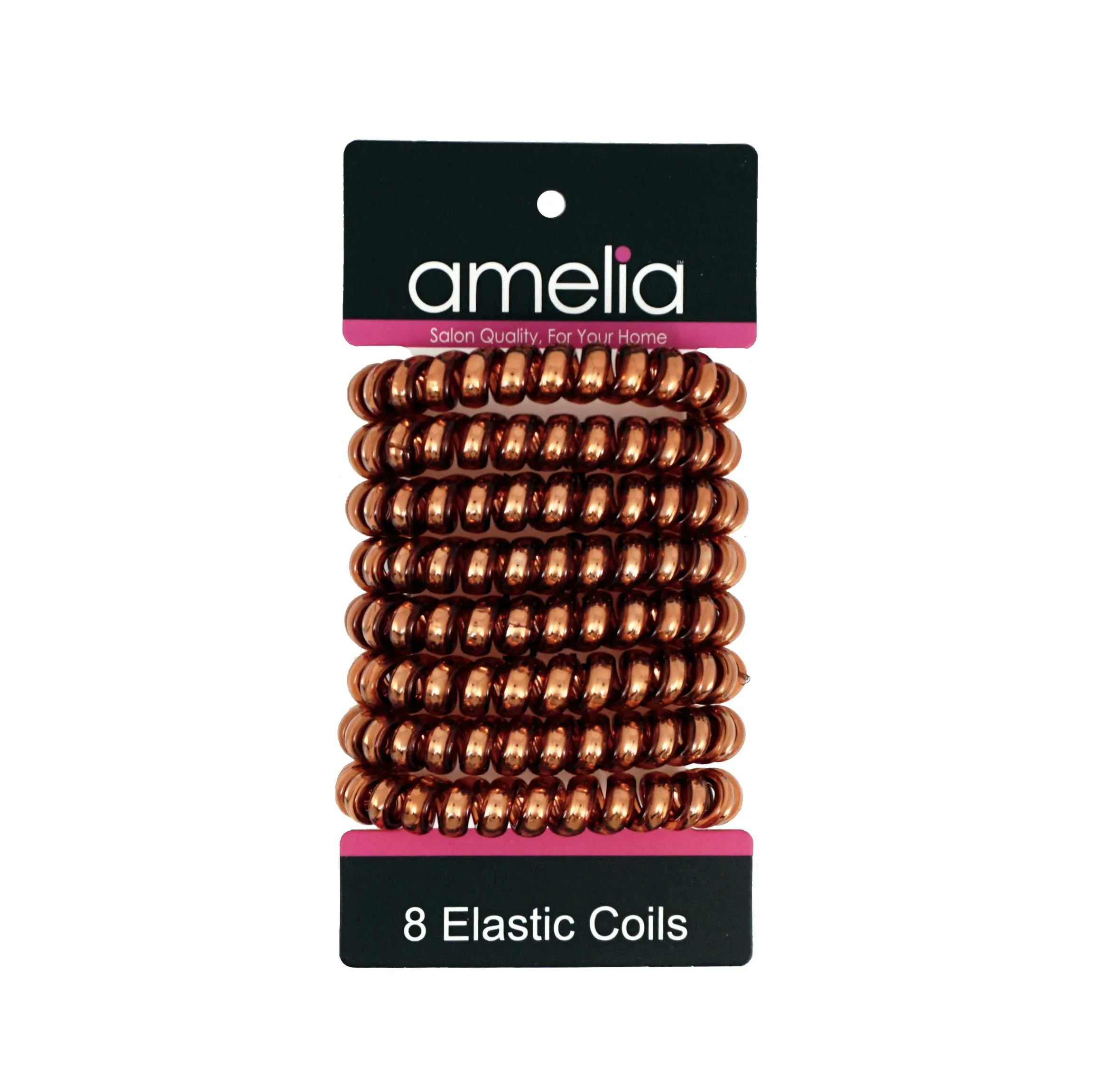 Amelia Beauty Products 8 Large Smooth Shiny Center Elastic Hair Coils, 2. 5in Diameter Thick Spiral Hair Ties, Gentle on Hair, Strong Hold and Minimizes Dents and Creases, Brown
