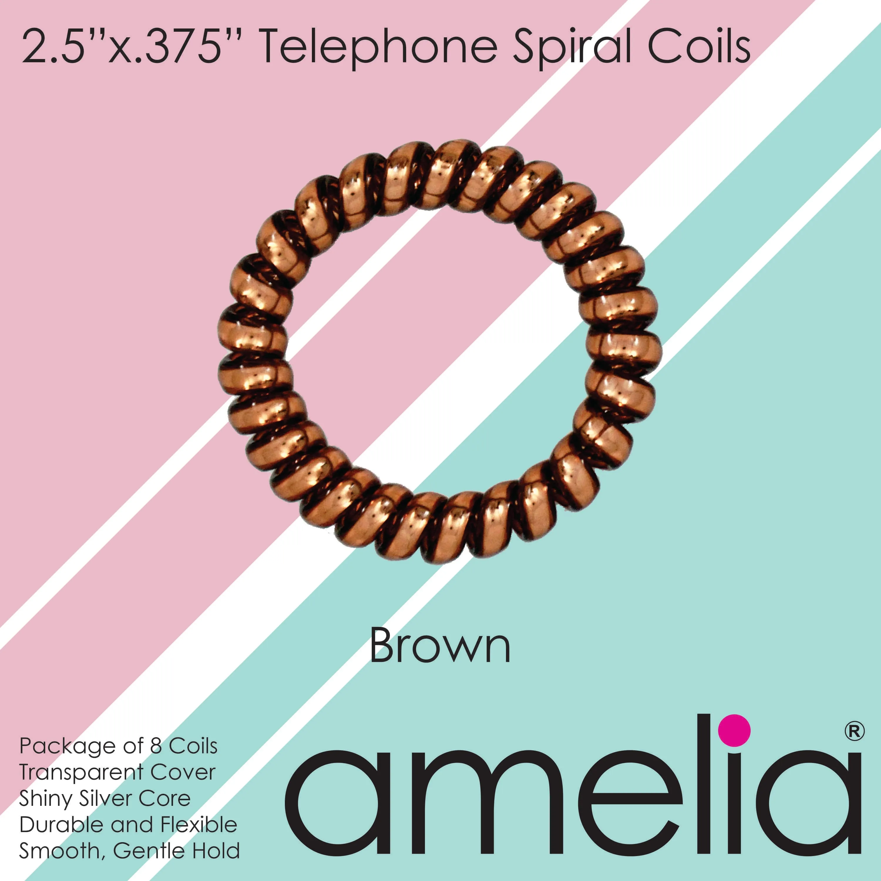 Amelia Beauty Products 8 Large Smooth Shiny Center Elastic Hair Coils, 2. 5in Diameter Thick Spiral Hair Ties, Gentle on Hair, Strong Hold and Minimizes Dents and Creases, Brown
