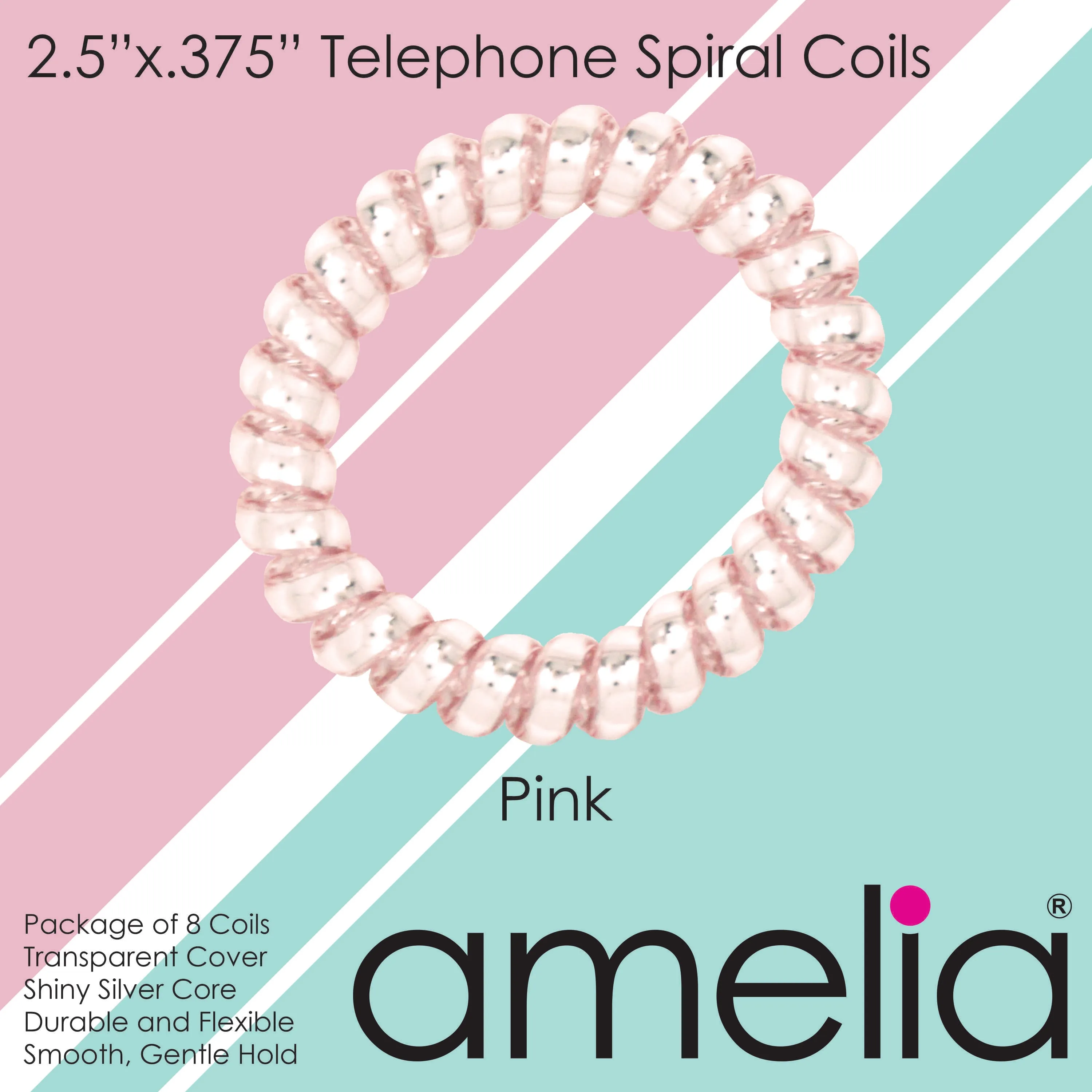 Amelia Beauty Products 8 Large Smooth Shiny Center Elastic Hair Coils, 2. 5in Diameter Thick Spiral Hair Ties, Gentle on Hair, Strong Hold and Minimizes Dents and Creases, Pink
