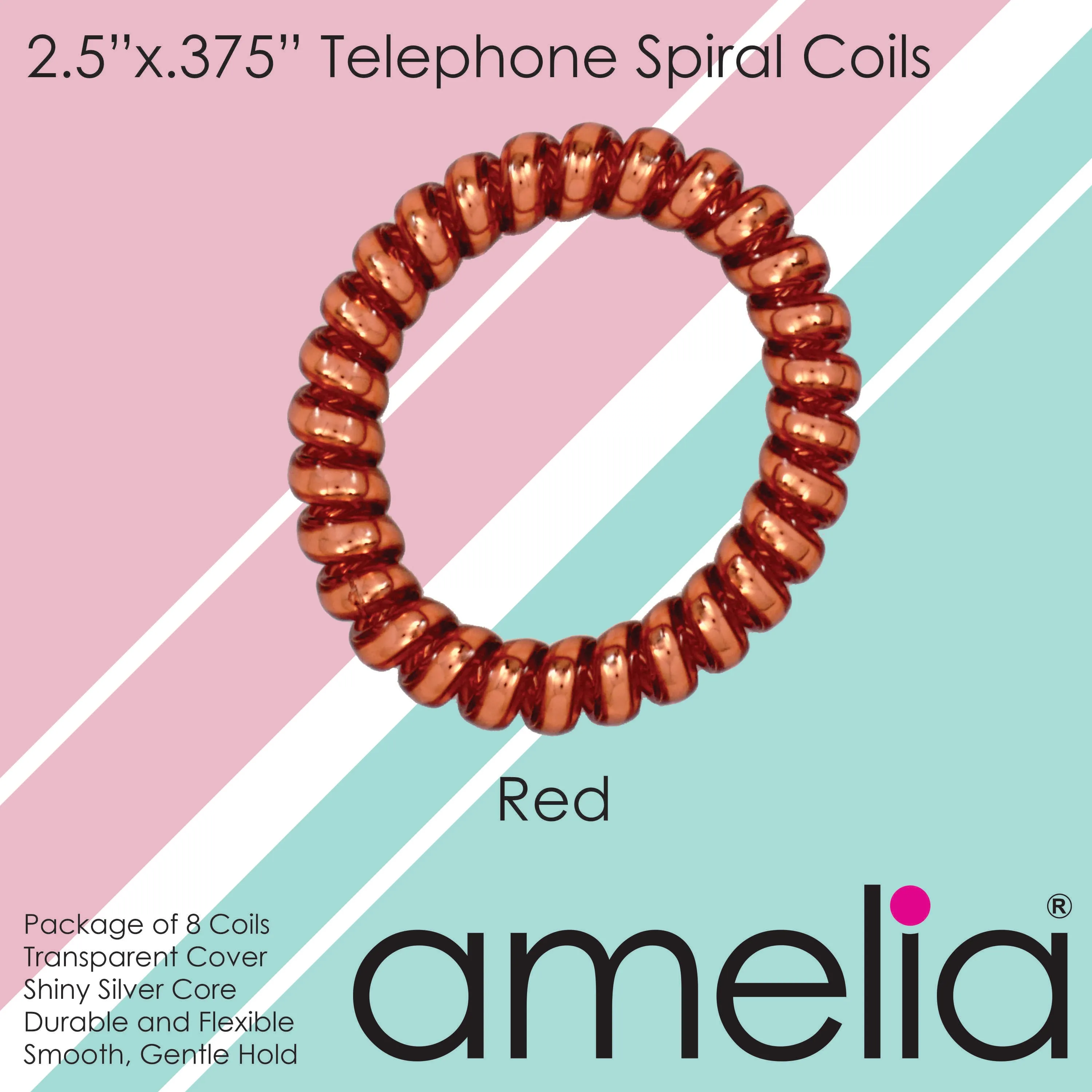 Amelia Beauty Products 8 Large Smooth Shiny Center Elastic Hair Coils, 2. 5in Diameter Thick Spiral Hair Ties, Gentle on Hair, Strong Hold and Minimizes Dents and Creases, Red