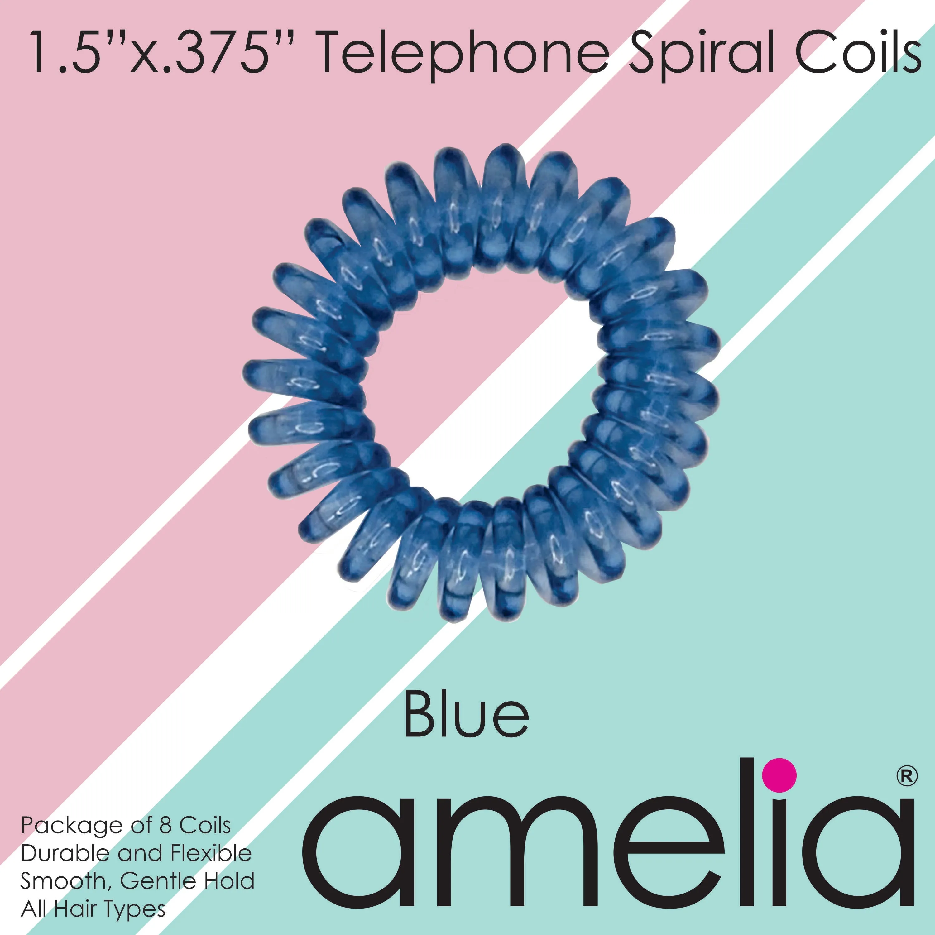 Amelia Beauty Products 8 Small Elastic Hair Coils, 1.5in Diameter Thick Spiral Hair Ties, Gentle on Hair, Strong Hold and Minimizes Dents and Creases, Blue