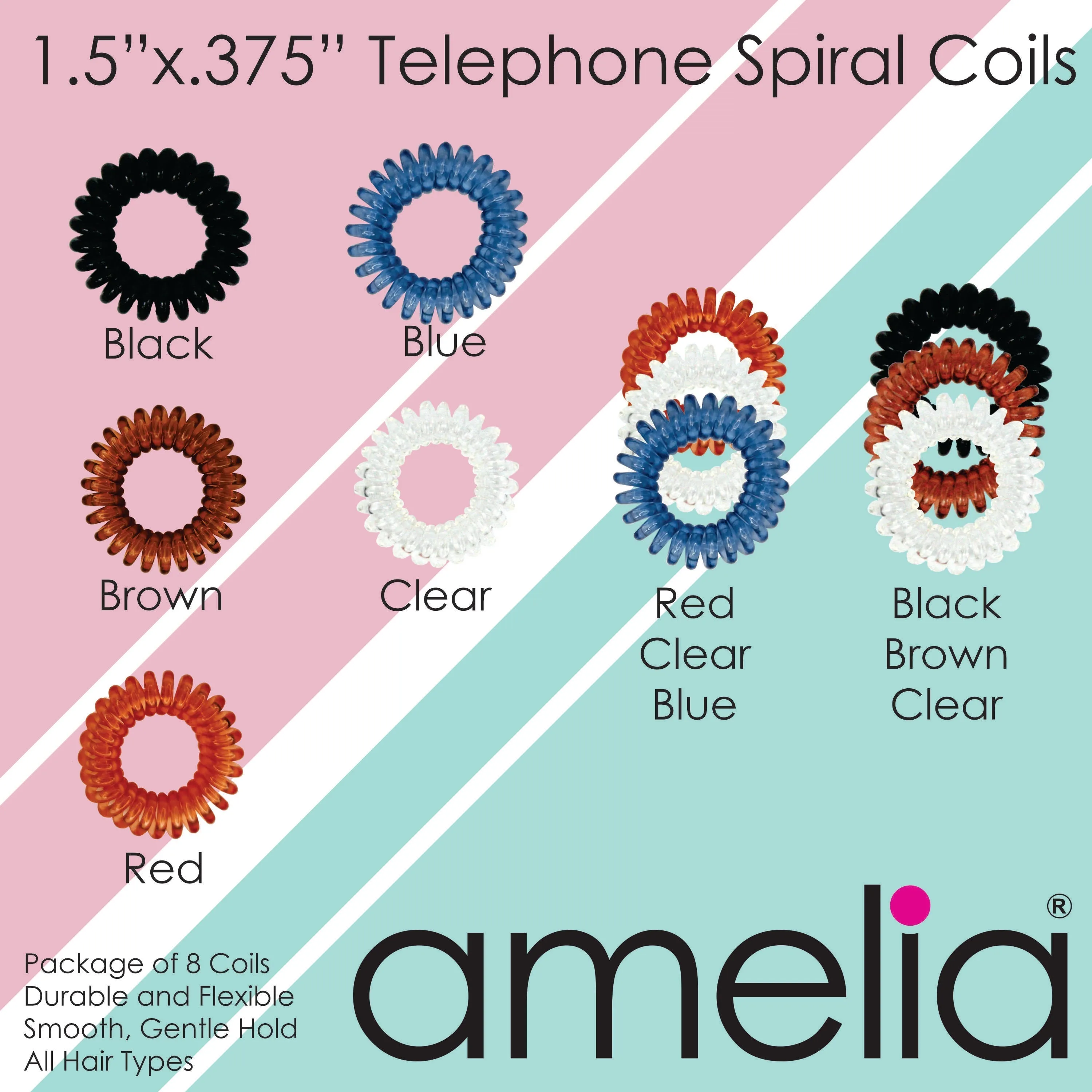 Amelia Beauty Products 8 Small Elastic Hair Coils, 1.5in Diameter Thick Spiral Hair Ties, Gentle on Hair, Strong Hold and Minimizes Dents and Creases, Blue