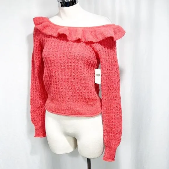 Anthropologie Ruffled Boat Neck Sweater Women’s size XS Wool Blend Pink NWT