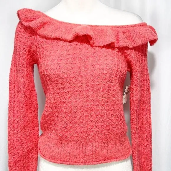 Anthropologie Ruffled Boat Neck Sweater Women’s size XS Wool Blend Pink NWT
