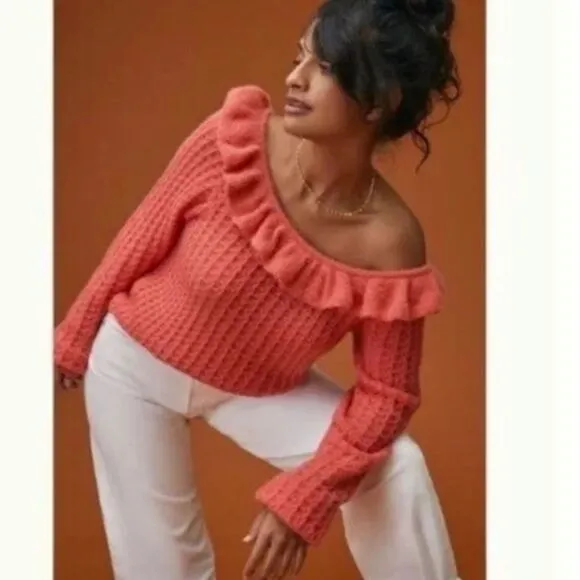 Anthropologie Ruffled Boat Neck Sweater Women’s size XS Wool Blend Pink NWT