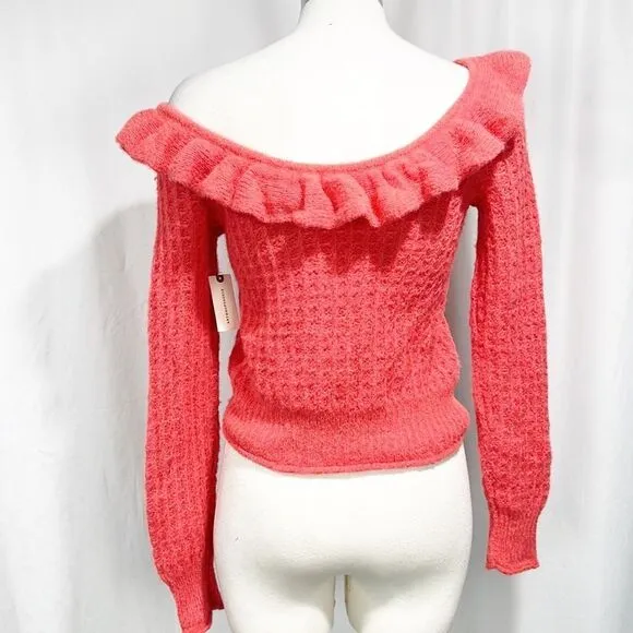 Anthropologie Ruffled Boat Neck Sweater Women’s size XS Wool Blend Pink NWT