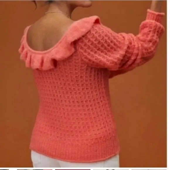 Anthropologie Ruffled Boat Neck Sweater Women’s size XS Wool Blend Pink NWT