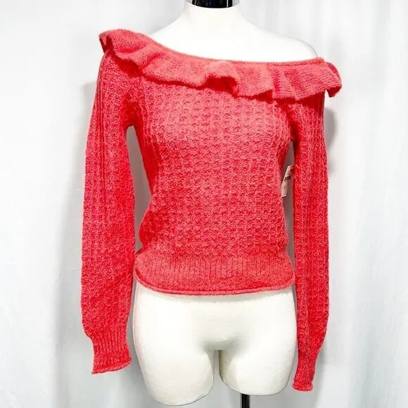 Anthropologie Ruffled Boat Neck Sweater Women’s size XS Wool Blend Pink NWT