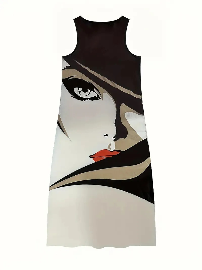 BerryBetty - Fashion Eye Figure Print Notched Neck Dress