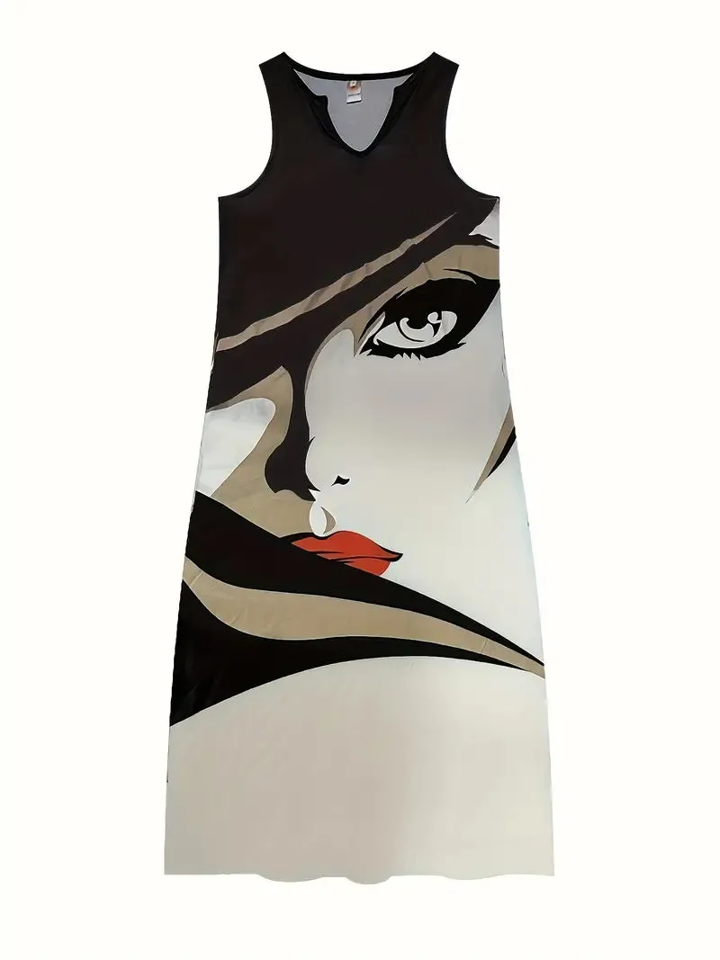 BerryBetty - Fashion Eye Figure Print Notched Neck Dress