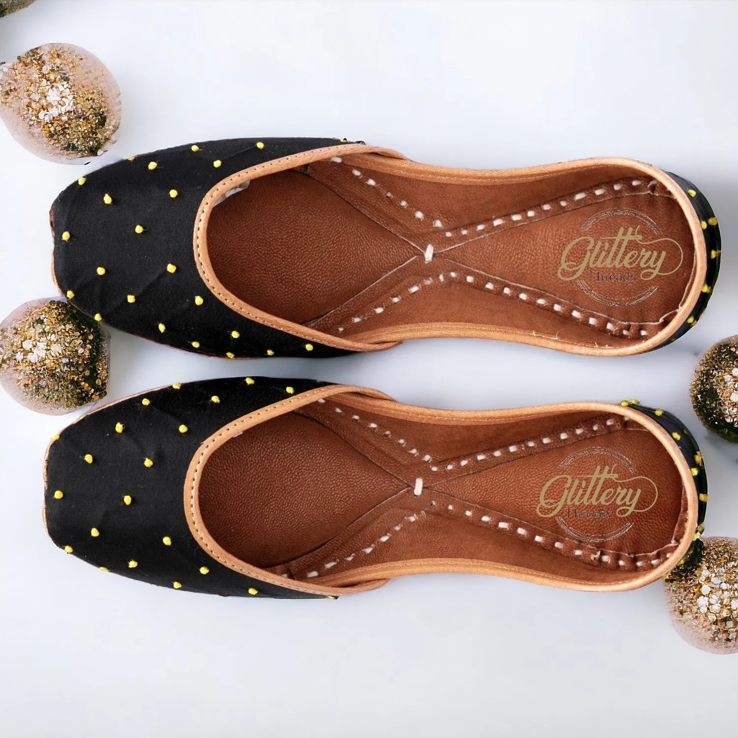 Black Ethnic Punjabi Leather Jutti with Mini Pompom Thread Work | Women's Traditional Wear Mojari | Women Khussa Shoes | Indian Ballet Flats