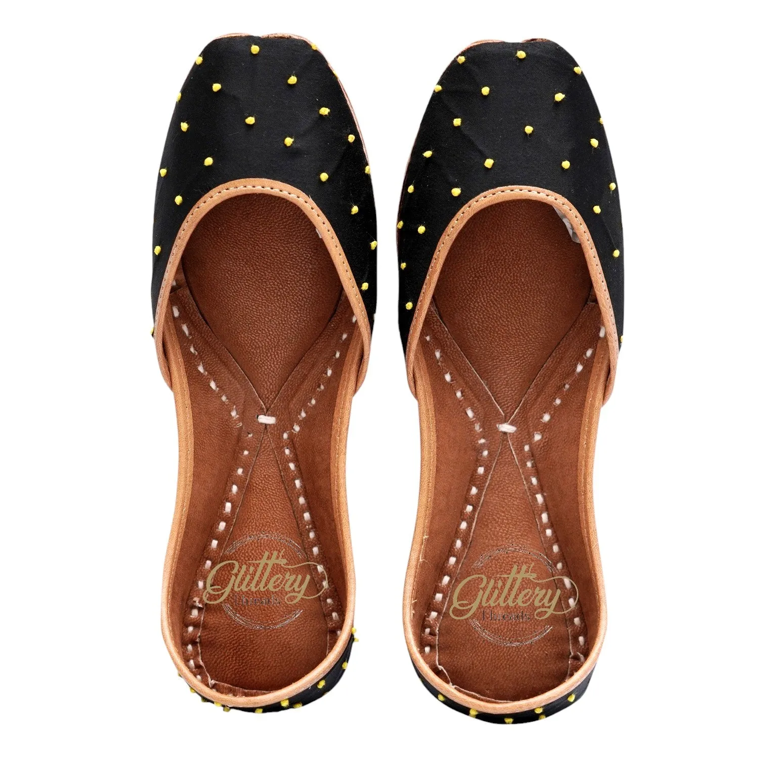 Black Ethnic Punjabi Leather Jutti with Mini Pompom Thread Work | Women's Traditional Wear Mojari | Women Khussa Shoes | Indian Ballet Flats