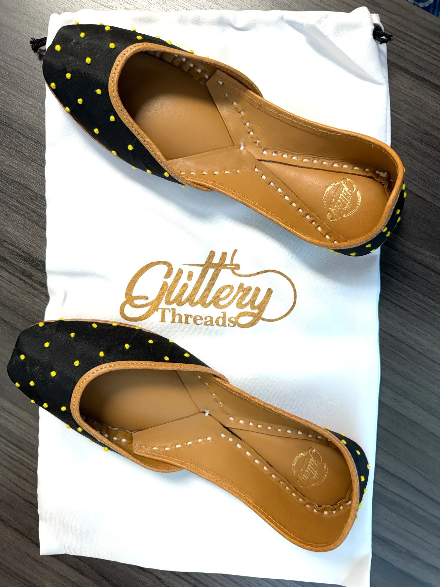 Black Ethnic Punjabi Leather Jutti with Mini Pompom Thread Work | Women's Traditional Wear Mojari | Women Khussa Shoes | Indian Ballet Flats