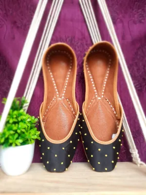 Black Ethnic Punjabi Leather Jutti with Mini Pompom Thread Work | Women's Traditional Wear Mojari | Women Khussa Shoes | Indian Ballet Flats
