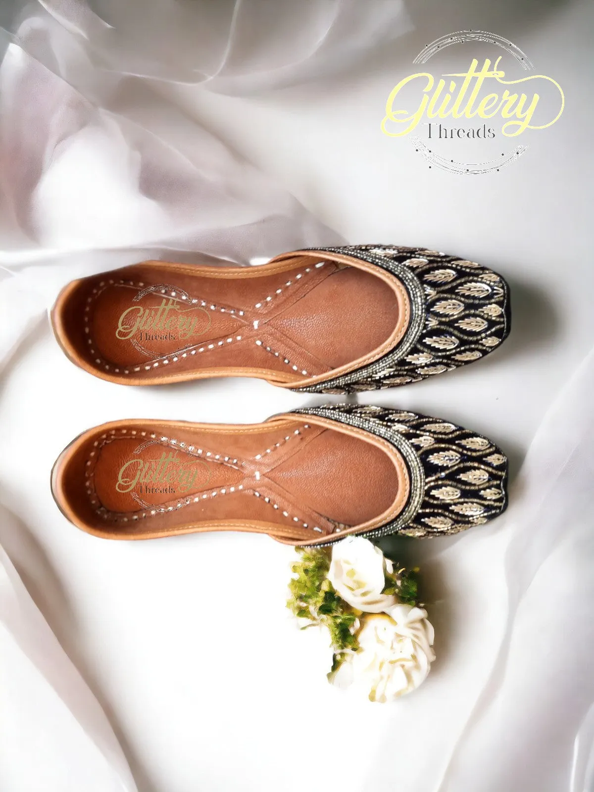 Black Velvet Punjabi Jutti with Tilla Thread Work | Indian Mojari | Women's Khussa Shoes | Indian Ballet Flats