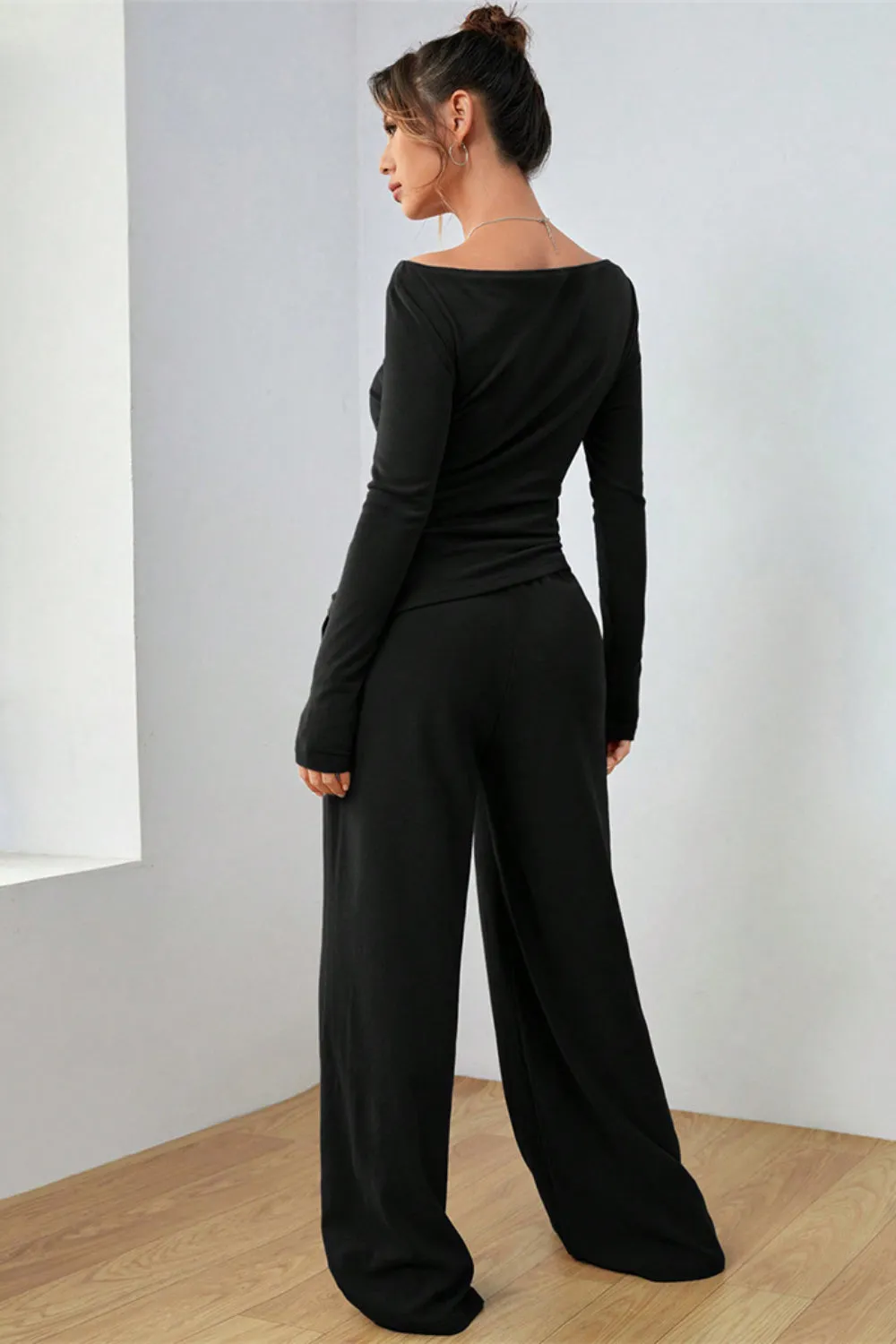 Boat Neck Long Sleeve Top and Pants Set