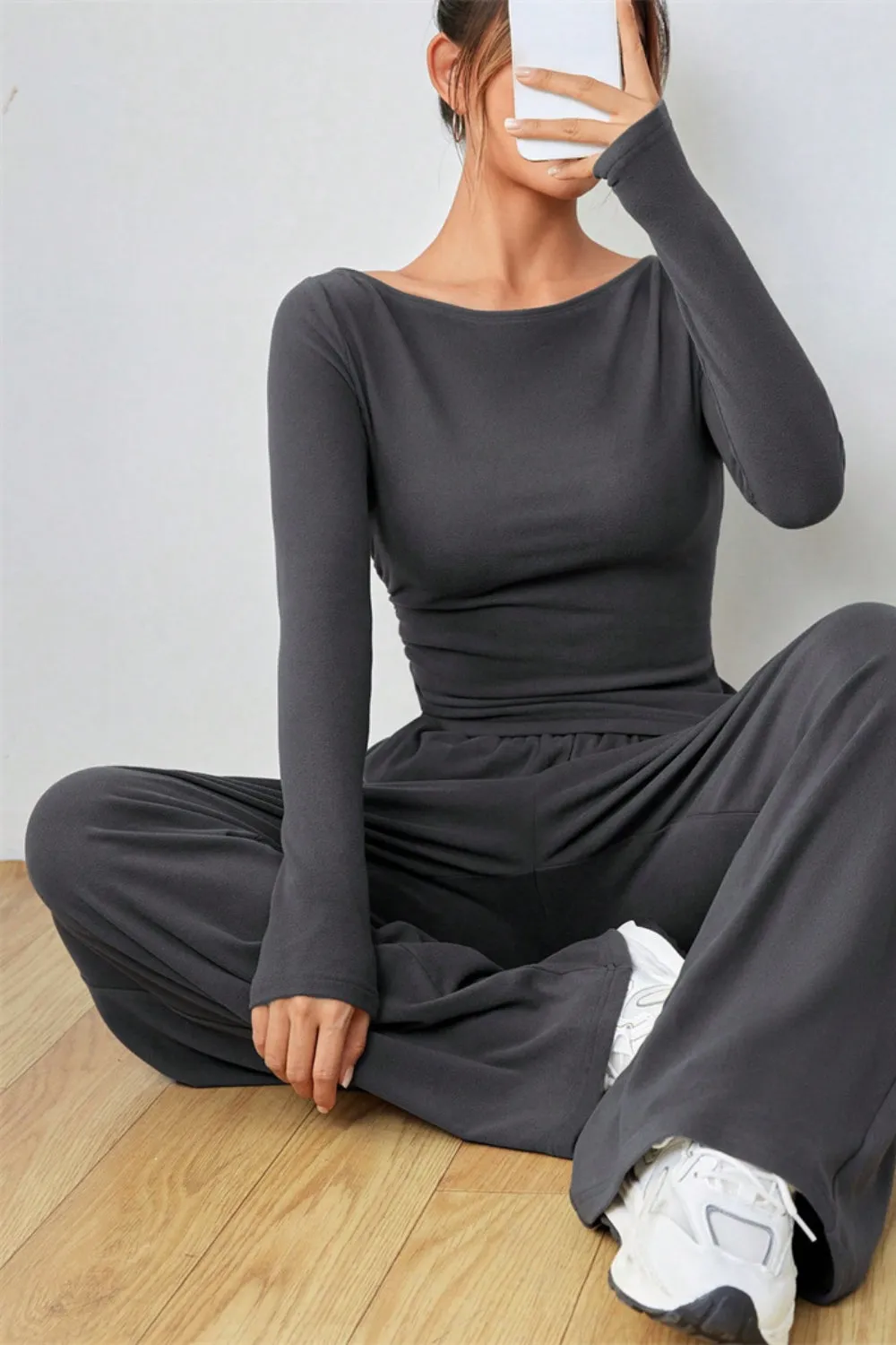 Boat Neck Long Sleeve Top and Pants Set