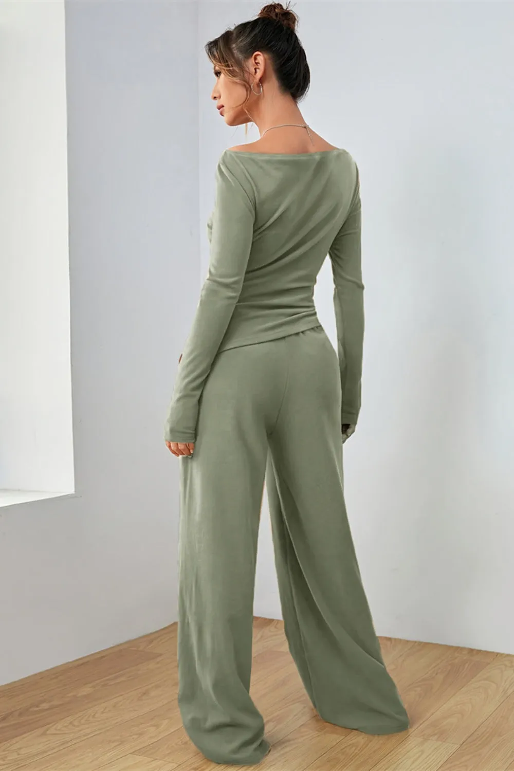 Boat Neck Long Sleeve Top and Pants Set