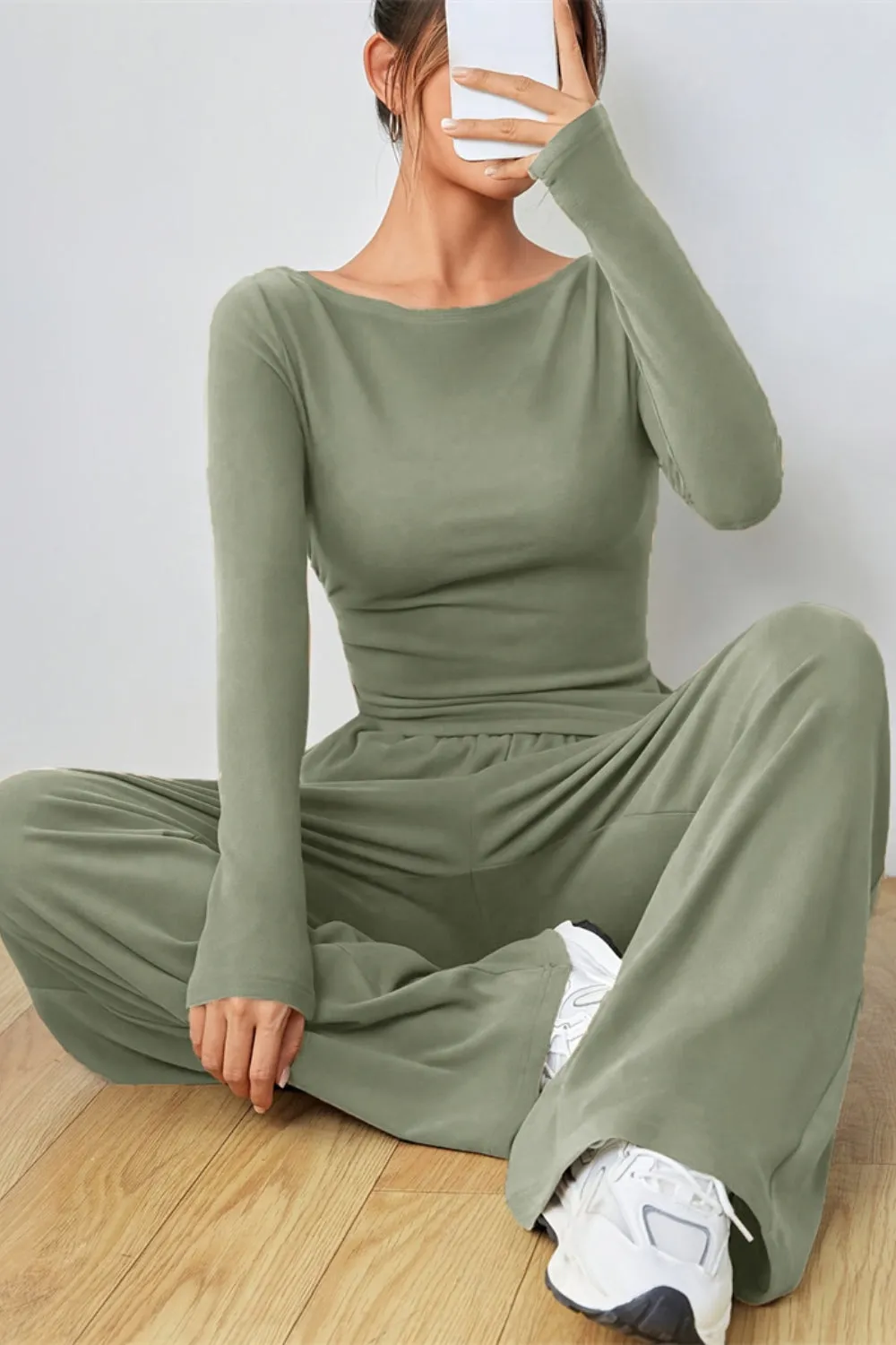 Boat Neck Long Sleeve Top and Pants Set