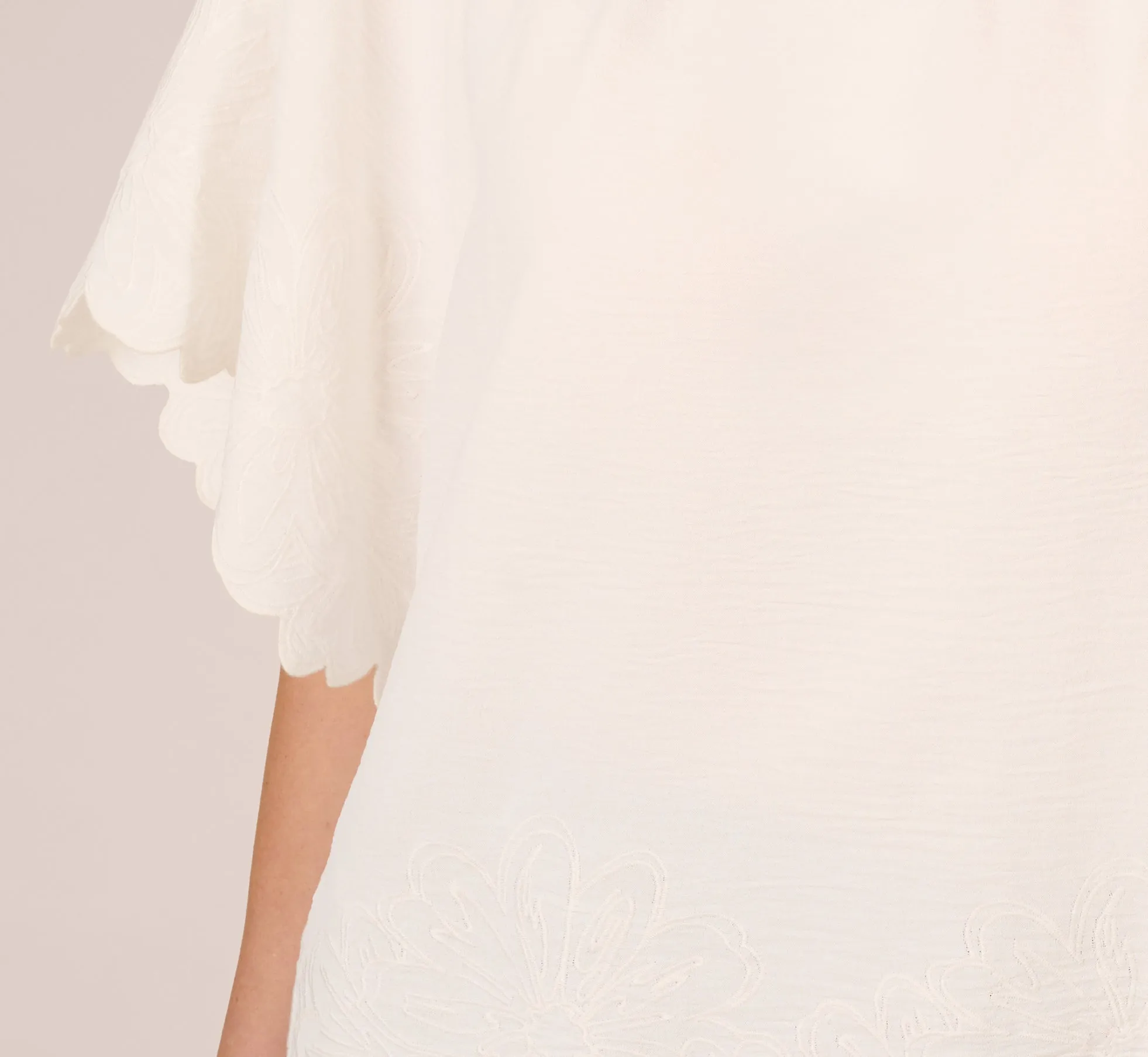 Boat Neck Short Sleeve Scallop Edge Top In Ivory