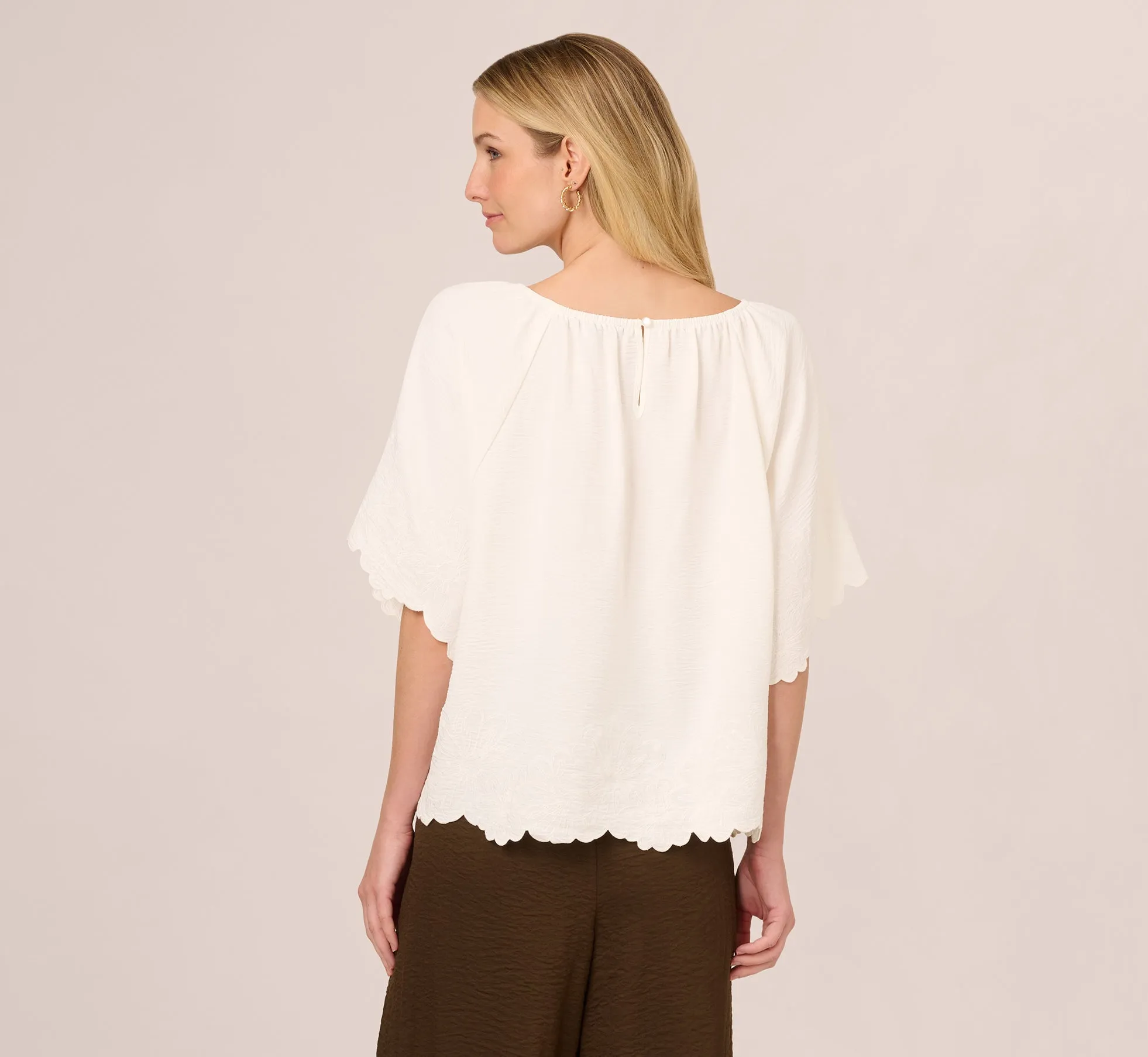 Boat Neck Short Sleeve Scallop Edge Top In Ivory
