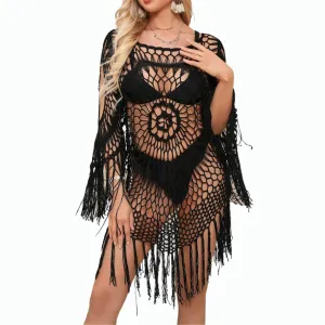 Boho Boat Neck Cover Up - Black