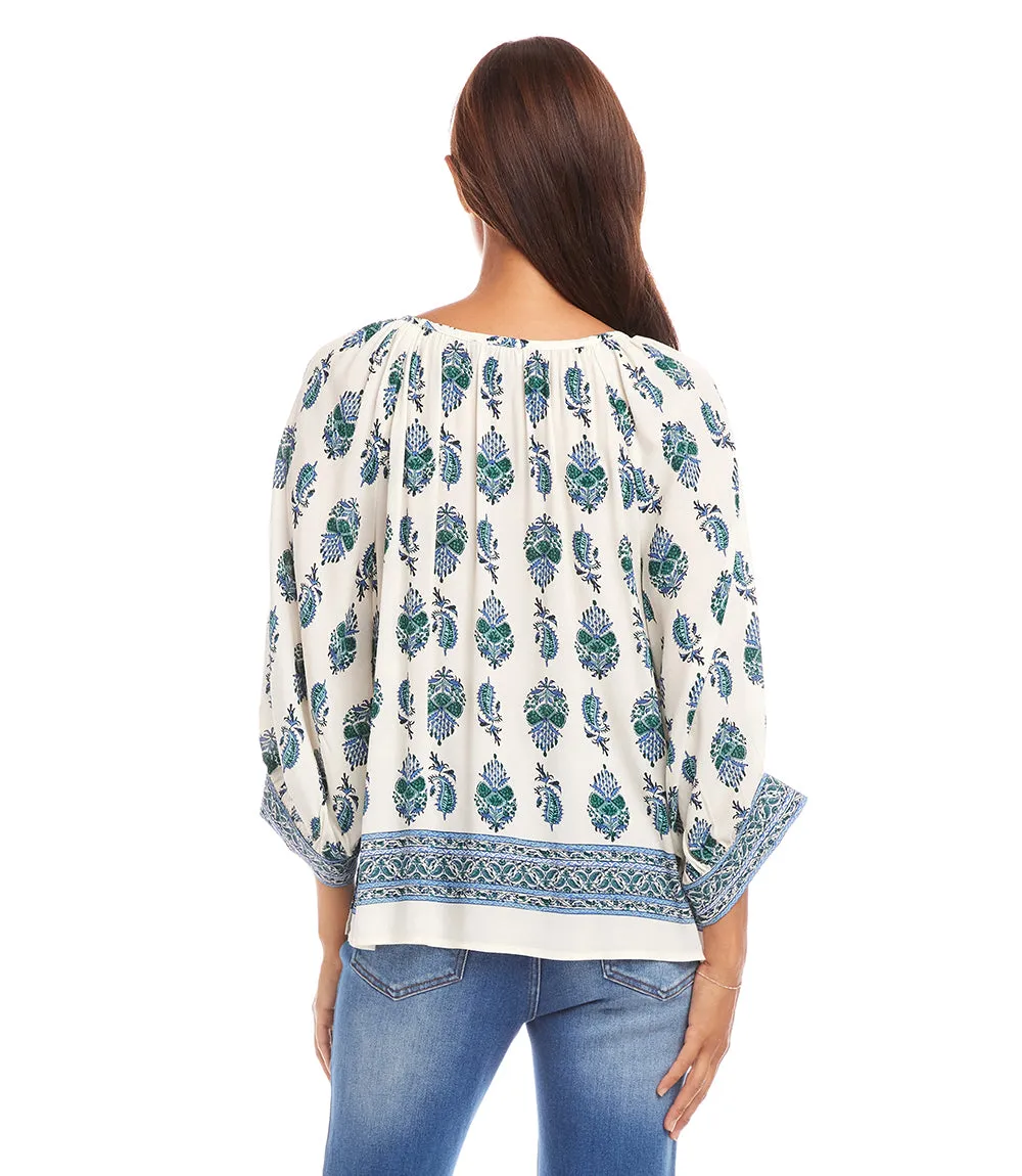 Border Print Blouson Sleeve Top
