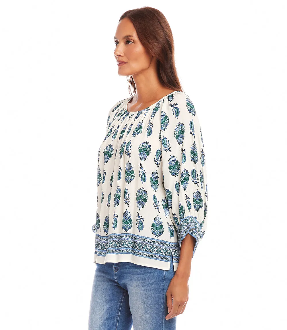 Border Print Blouson Sleeve Top