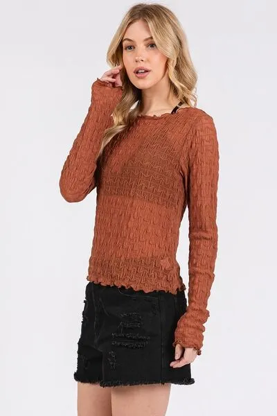 Caramel Color Lettuce Hem Boat Neck Long Sleeve Blouse