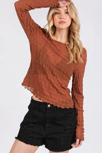Caramel Color Lettuce Hem Boat Neck Long Sleeve Blouse