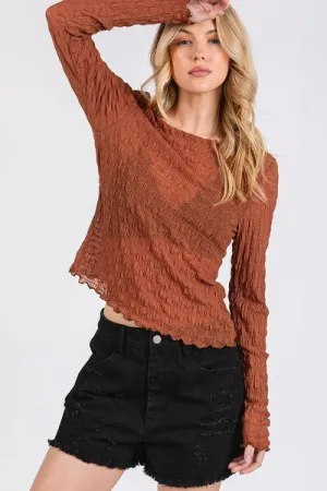 Caramel Color Lettuce Hem Boat Neck Long Sleeve Blouse