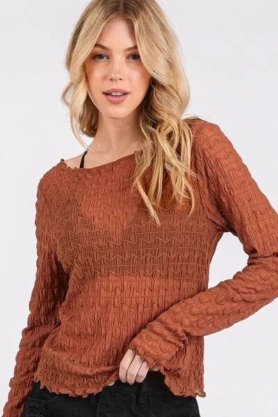 Caramel Color Lettuce Hem Boat Neck Long Sleeve Blouse