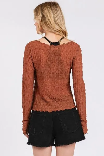 Caramel Color Lettuce Hem Boat Neck Long Sleeve Blouse