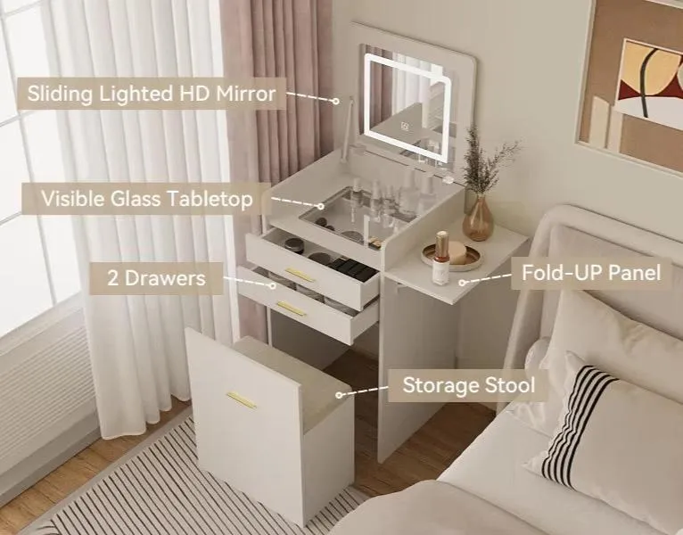 Compact Vanity Desk with Flip-Top Mirror, Storage Stool, and Drawers