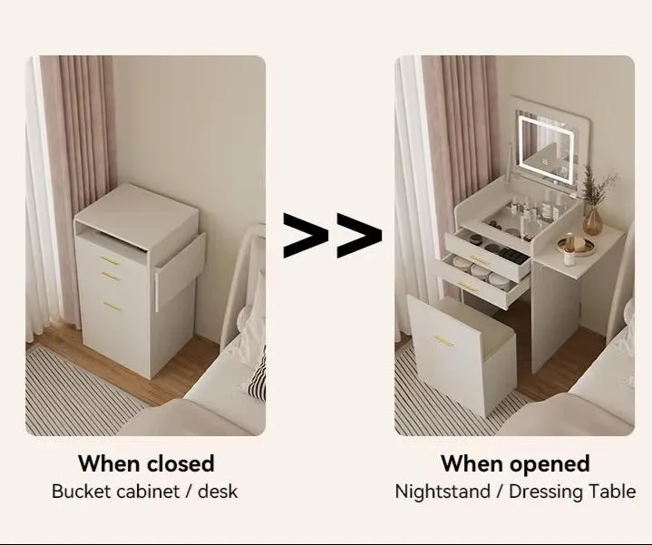 Compact Vanity Desk with Flip-Top Mirror, Storage Stool, and Drawers