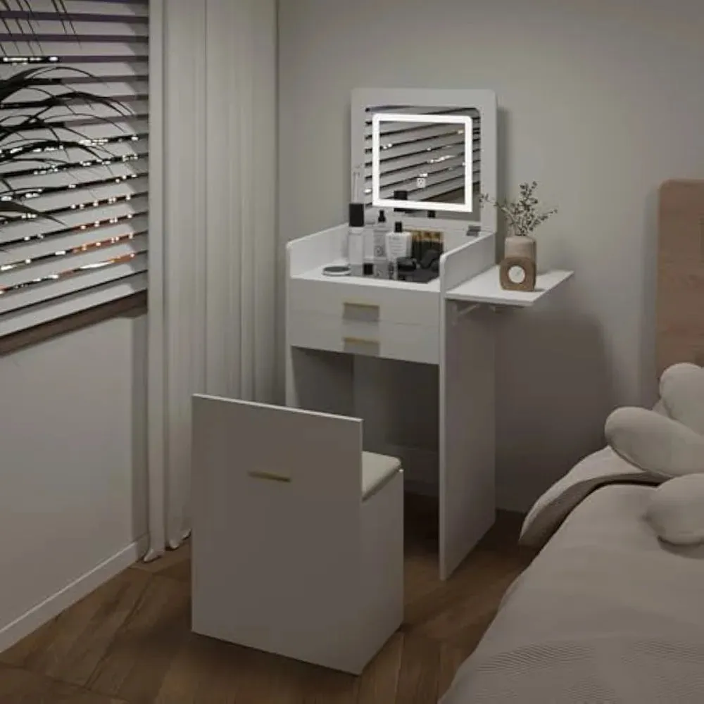 Compact Vanity Desk with Flip-Top Mirror, Storage Stool, and Drawers